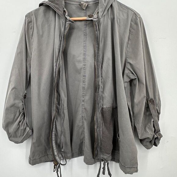 XCVI Utility Windbreaker Jacket Full Zip Womens Large Slate Gray Hood Drawstring - Picture 2 of 12